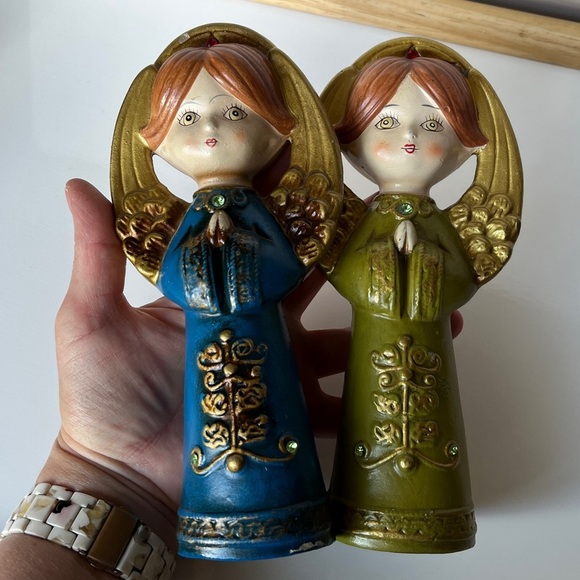 Vintage Japan Angel Figurines Pair Blue Green Gold Halo Praying Christmas Decor - Picture 13 of 13